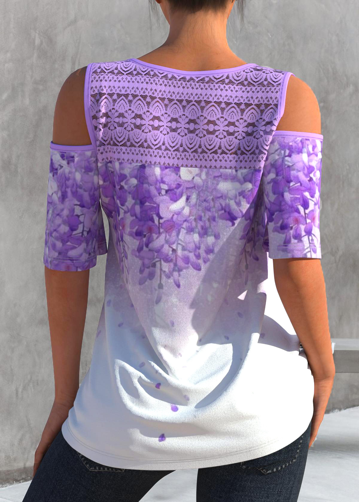 Light Purple tops,Floral tops,ROTITA Cold Shoulder Lace Stitching Light Purple T Shirt