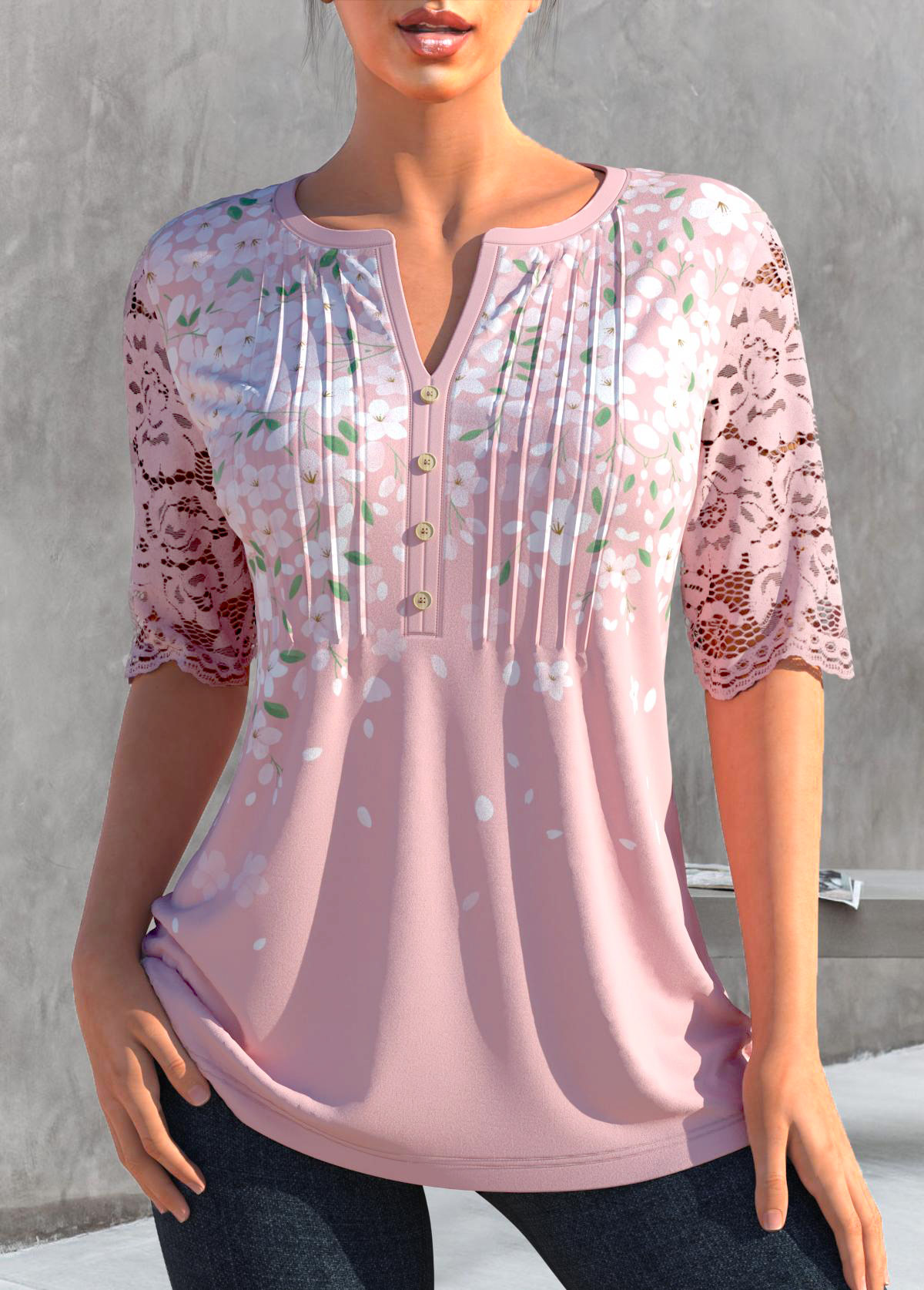 ROTITA Lace Stitching Light Pink Split Neck T Shirt