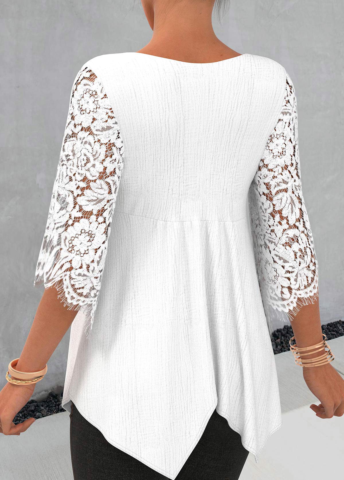 White tops,Plain Color tops,ROTITA White Lace Stitching Asymmetric Hem 3/4 Sleeve Blouse