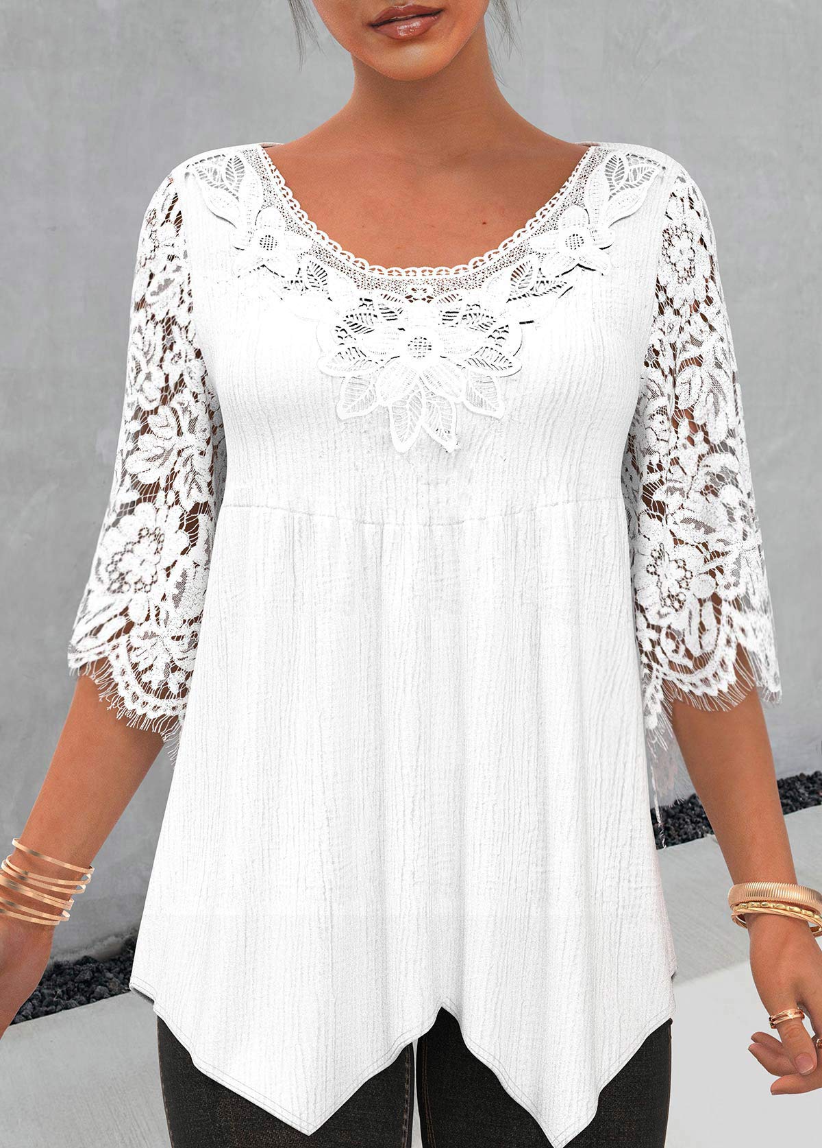 White tops,Plain Color tops,ROTITA White Lace Stitching Asymmetric Hem 3/4 Sleeve Blouse