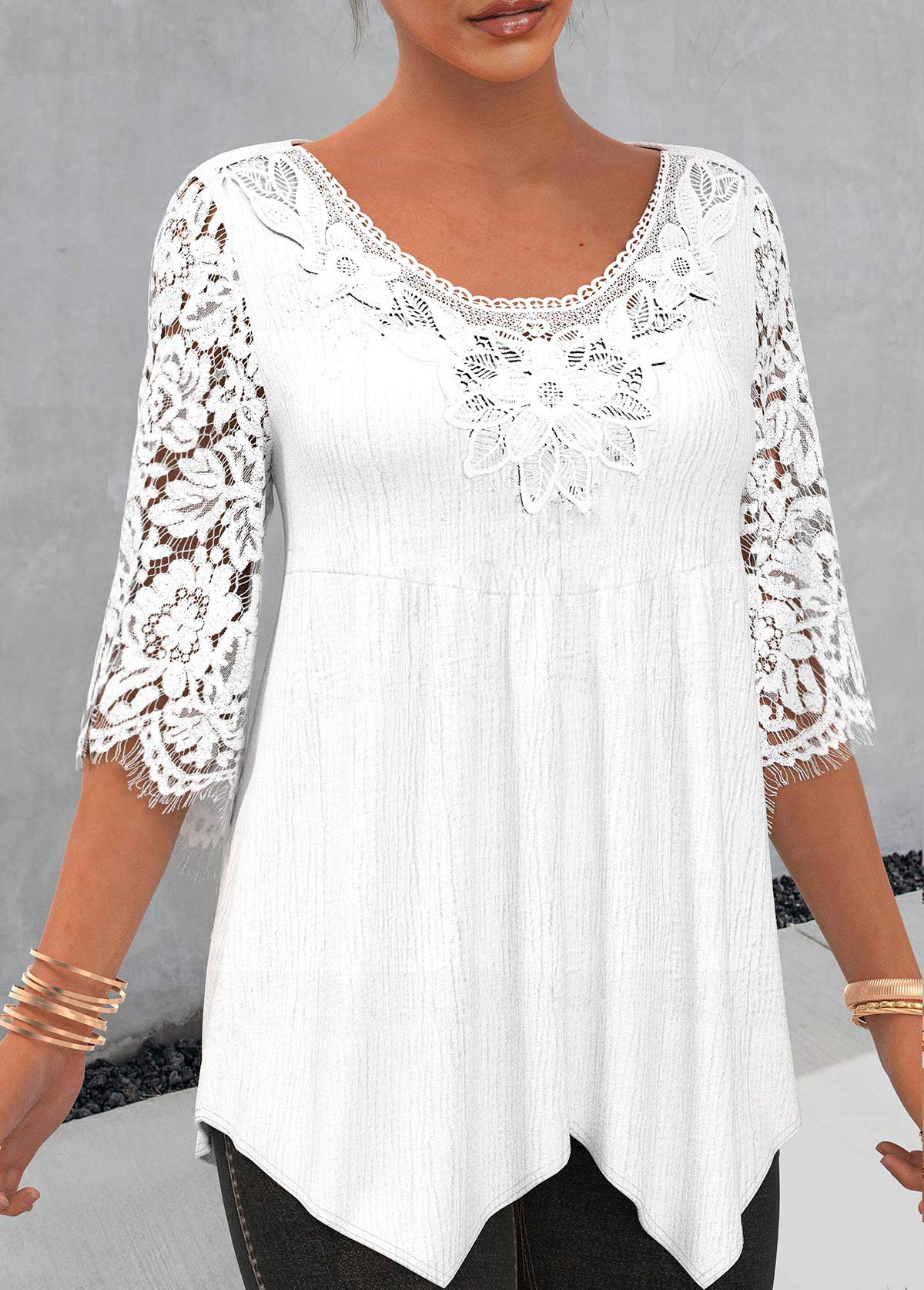 White tops,Plain Color tops,ROTITA White Lace Stitching Asymmetric Hem 3/4 Sleeve Blouse