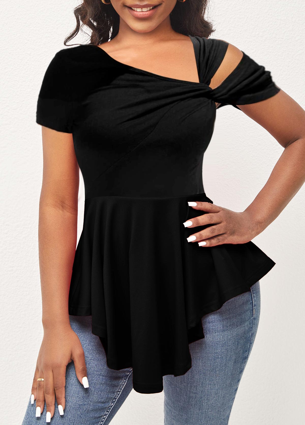 Black tops,Plain Color tops,Cold Shoulder Black Asymmetrical Neck Short Sleeve T Shirt