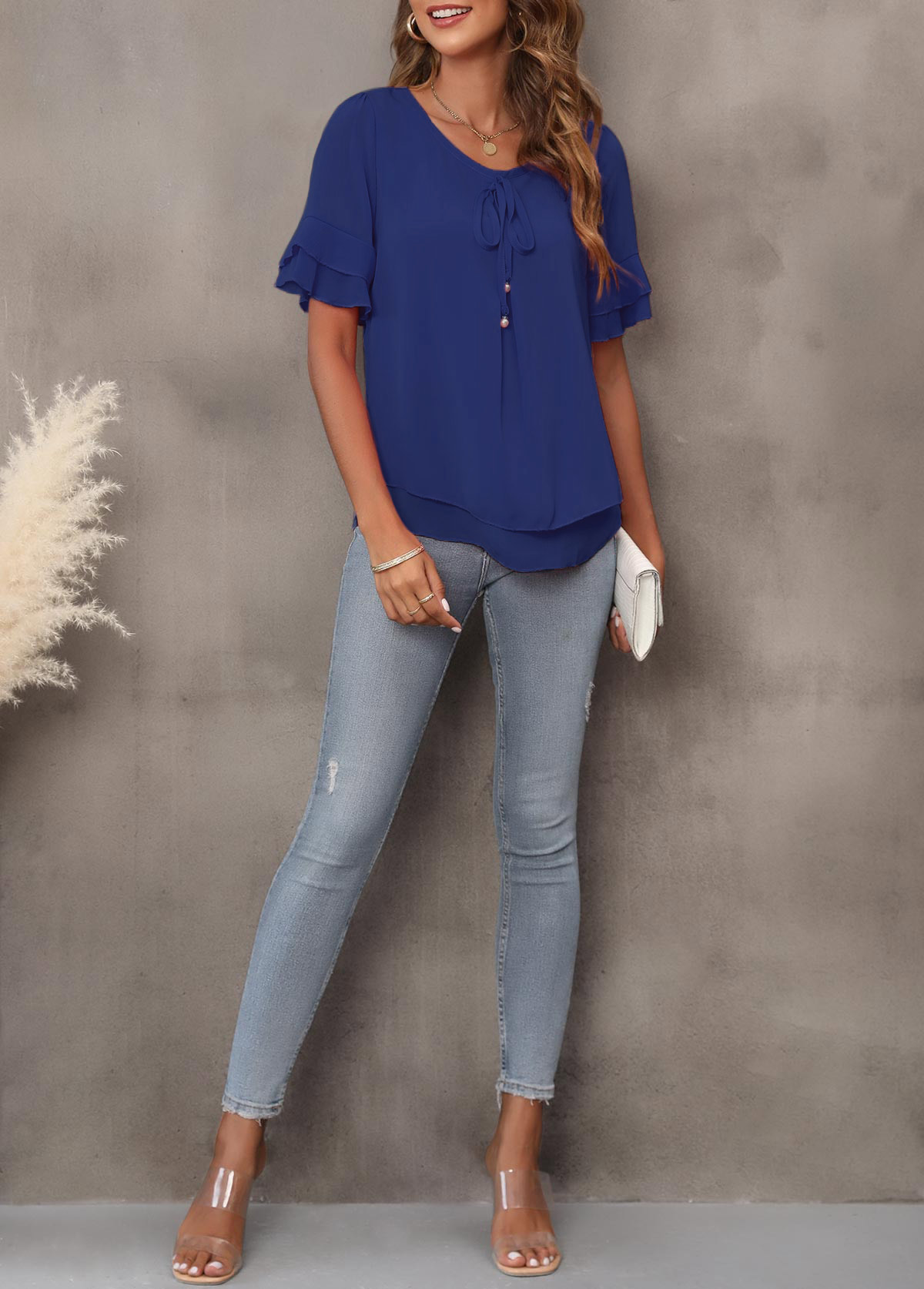 Plain Color tops,Tie Front Layered Hem Navy Blue T Shirt