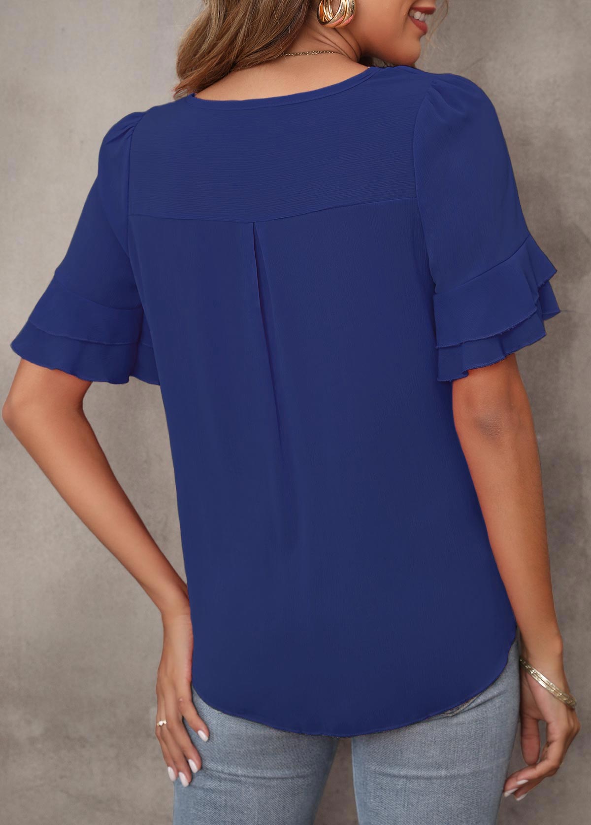Plain Color tops,Tie Front Layered Hem Navy Blue T Shirt