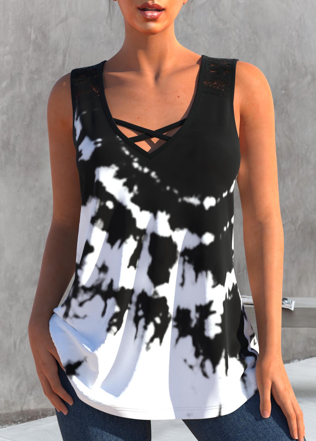 Black tops,Tie Dye tops,ROTITA Black Tie Dye Print Cross Strap Tank Top
