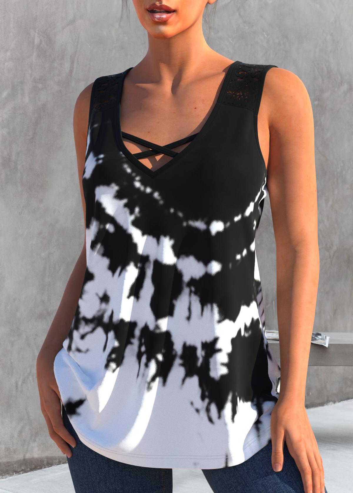 Black tops,Tie Dye tops,ROTITA Black Tie Dye Print Cross Strap Tank Top