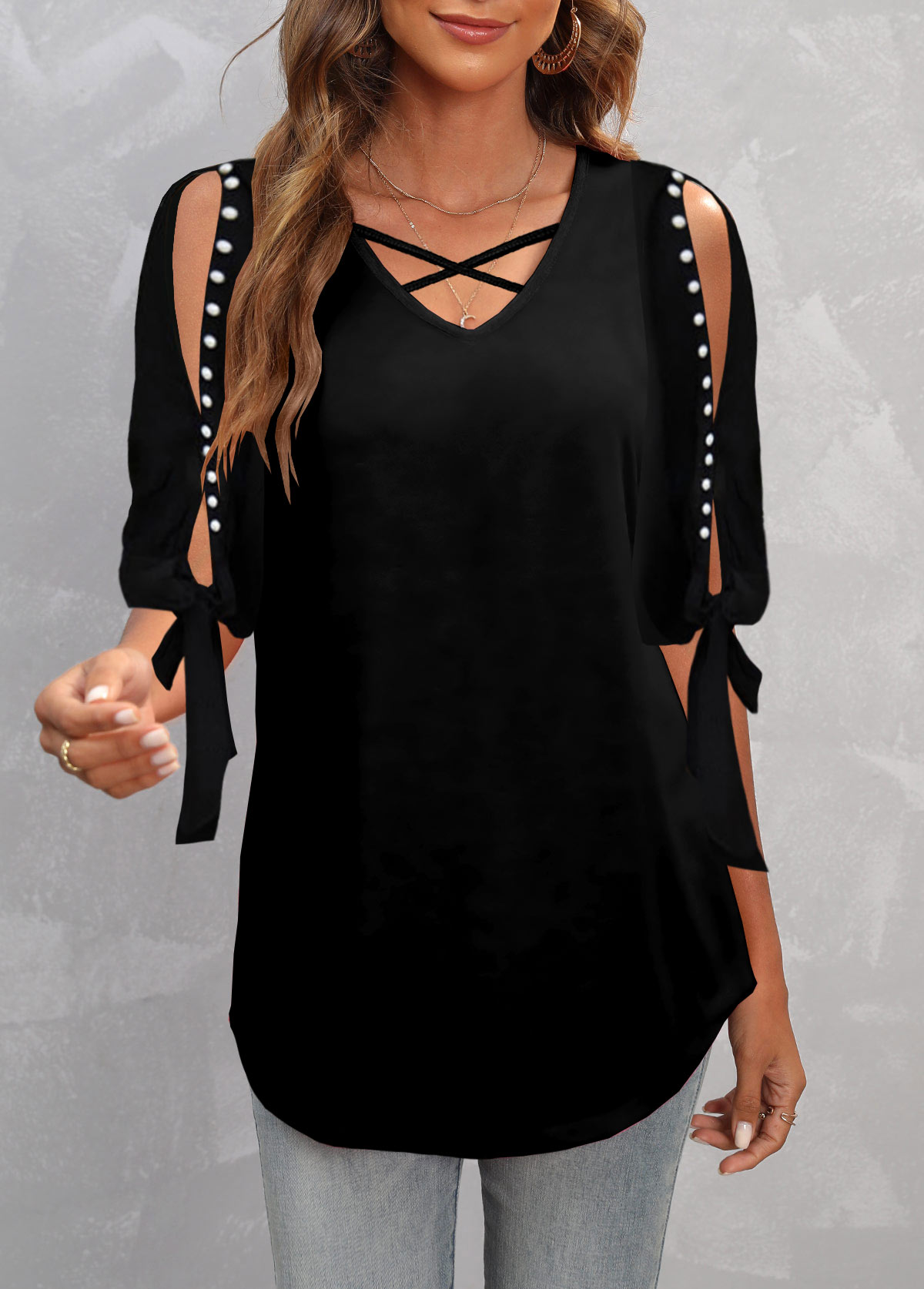 Black plus size,Plain Color plus size,ROTITA Plus Size Pearl Detail Black Cold Shoulder T Shirt