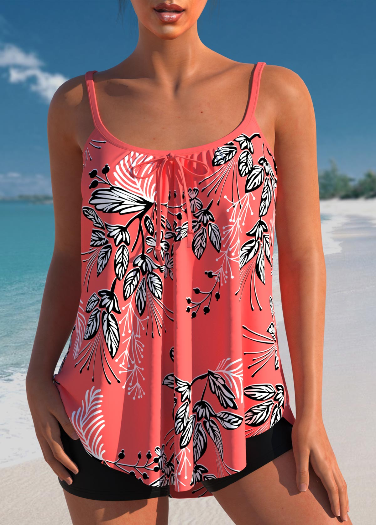 Rotita-Blattdruck-Tankini-Top in Korallenrot mit Schleife-Kein Boden