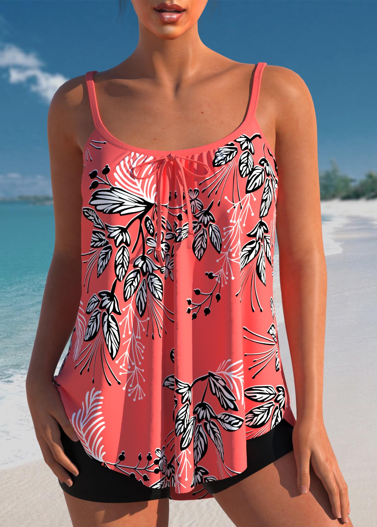 ROTITA Leaf Print Coral Red Bowknot Tankini Top-No Bottom