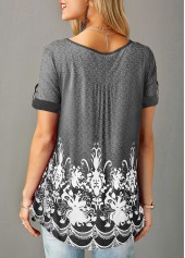 Grey tops,Floral tops,ROTITA Printed Button Detail Short Sleeve T Shirt