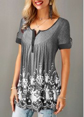 Grey tops,Floral tops,ROTITA Printed Button Detail Short Sleeve T Shirt