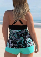 Cyan plus size,Paisley plus size,ROTITA Paisley Print Plus Size Cross Strap Tankini Set 