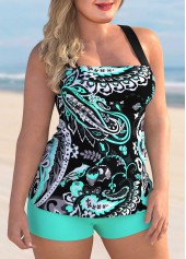 Cyan plus size,Paisley plus size,ROTITA Paisley Print Plus Size Cross Strap Tankini Set 