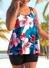 Blue plus size,Floral plus size,ROTITA Plus Size Blue Floral Print Tankini Top