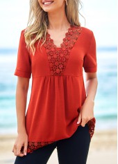 Brick Red tops,Plain Color tops,ROTITA Lace Patchwork Rust Red Short Sleeve T Shirt