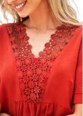 Brick Red tops,Plain Color tops,ROTITA Lace Patchwork Rust Red Short Sleeve T Shirt
