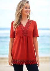 Brick Red tops,Plain Color tops,ROTITA Lace Patchwork Rust Red Short Sleeve T Shirt