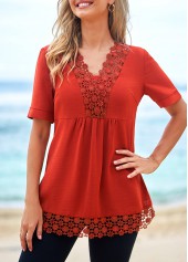 Brick Red tops,Plain Color tops,ROTITA Lace Patchwork Rust Red Short Sleeve T Shirt