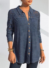 Denim Blue tops,Plain Color tops,ROTITA Denim Lace Stitching Button Up Blue Blouse