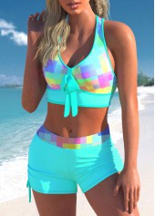 Cyan swimwear,Plaid swimwear,ROTITA Bowknot Rainbow Color Plaid Cross Strap Bikini Set
