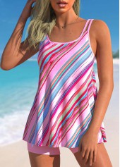 Pink swimwear,Striped swimwear,ROTITA Stripe Print Double Straps Pink Tankini Set