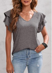 Light Grey tops,Plain Color tops,Layered Bell Sleeve Light Grey V Neck T Shirt