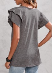 Light Grey tops,Plain Color tops,Layered Bell Sleeve Light Grey V Neck T Shirt