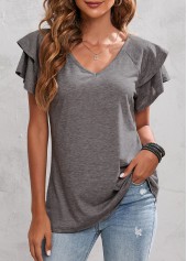 Layered Bell Sleeve Light Grey V Neck T Shirt