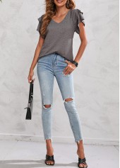 Light Grey tops,Plain Color tops,Layered Bell Sleeve Light Grey V Neck T Shirt