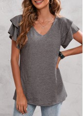 Light Grey tops,Plain Color tops,Layered Bell Sleeve Light Grey V Neck T Shirt