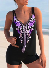 Tribal Print Double Straps Purple Tankini Set