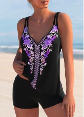 Purple swimwear,Tribal swimwear,ROTITA Tribal Print Double Straps Purple Tankini Top