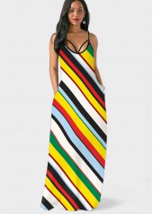 Multi Color dresses,Striped dresses,Spaghetti Strap Rainbow Stripe Double Side Pocket Dress