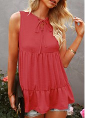 Coral tops,Plain Color tops,Coral Red Lace Up Split Neck Tank Top