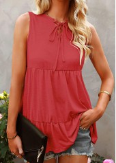Coral Red Lace Up Split Neck Tank Top