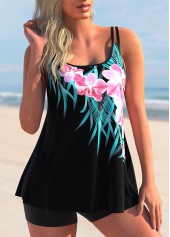 Black swimwear,Floral swimwear,ROTITA Black Double Straps Floral Print Tankini Top