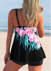Black swimwear,Floral swimwear,ROTITA Black Double Straps Floral Print Tankini Top