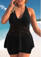 Black Plus Size Lace Panel Tankini Set