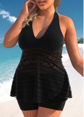Black plus size,Plain Color plus size,ROTITA Black Plus Size Lace Panel Tankini Top