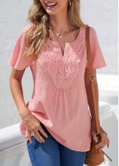 ROTITA Lace Pink Split Neck Short Sleeve Blouse