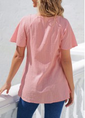 Pink tops,Plain Color tops,ROTITA Lace Pink Split Neck Short Sleeve Blouse