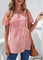 Pink tops,Plain Color tops,ROTITA Lace Pink Split Neck Short Sleeve Blouse