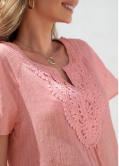 Pink tops,Plain Color tops,ROTITA Lace Pink Split Neck Short Sleeve Blouse