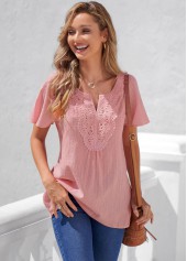 Pink tops,Plain Color tops,ROTITA Lace Pink Split Neck Short Sleeve Blouse