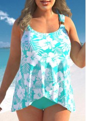 ROTITA Floral Print Plus Size Cyan Crossover Hem Tankini Set