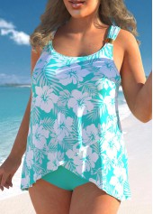 Cyan plus size,Floral plus size,ROTITA Floral Print Plus Size Cyan Crossover Hem Tankini Set