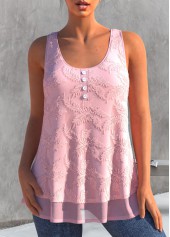 ROTITA Embroidered Light Pink Decorative Button Tank Top