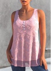 Light Pink tops,Plain Color tops,ROTITA Embroidered Light Pink Decorative Button Tank Top