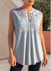 Plain Color tops,ROTITA Lace Stitching Grey Marl Button Detail Tank Top