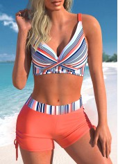 ROTITA Front Cross Coral Red Stripe Print Bikini Set